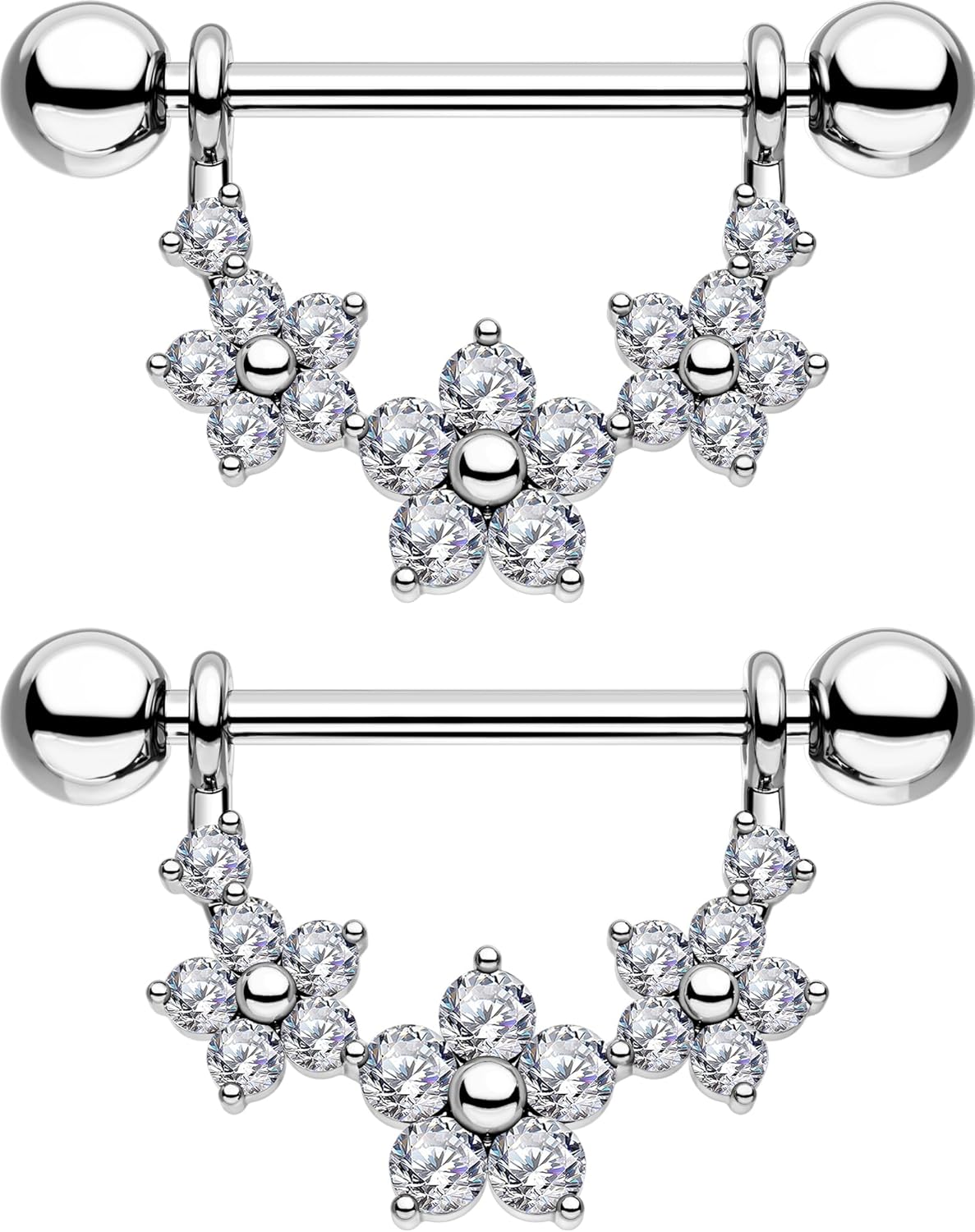 OUFER 2PCS 316L Stainless Steel Nipple Piercing Jewelry - 14G Flower Nipple Rings For Women, 14mm Body Piercing Jewelry