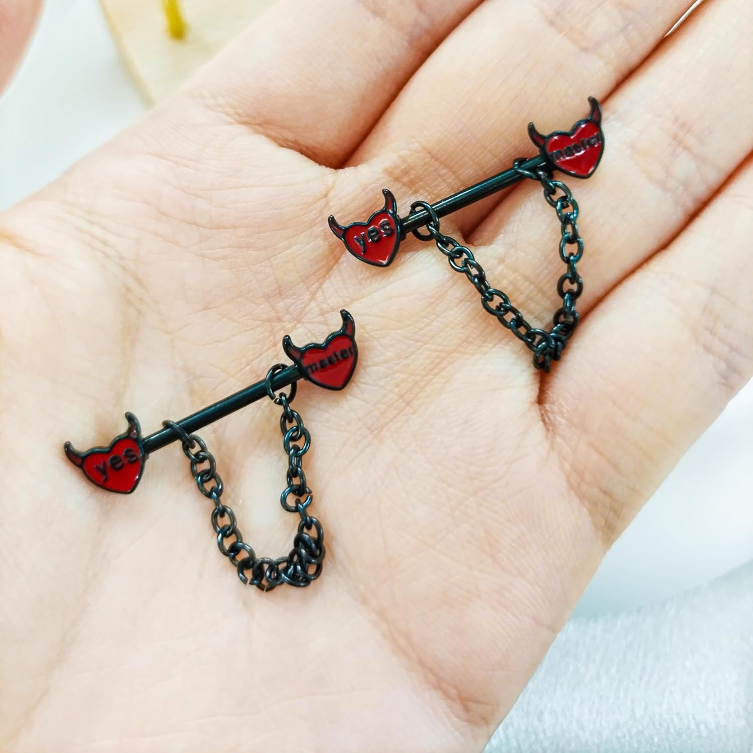 14G Devil Heart Nipple Rings for Women Surgical Steel Yes Master Naughty Words Dangle Chains Nipplerings Nipple Studs Barbell Nipple Piercing Jewelry