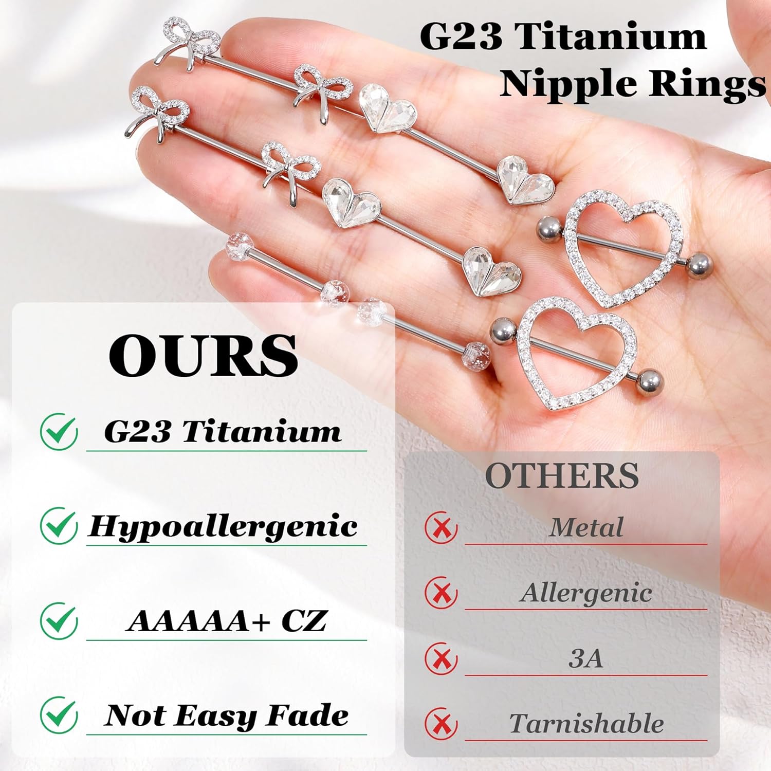 4 Pairs 14G G23 Titanium Nipple Rings for Women Heart Nipple Barbell Tongue Rings CZ Nipple Ring Set Cute Bow Nipplerings Piercing Jewelry