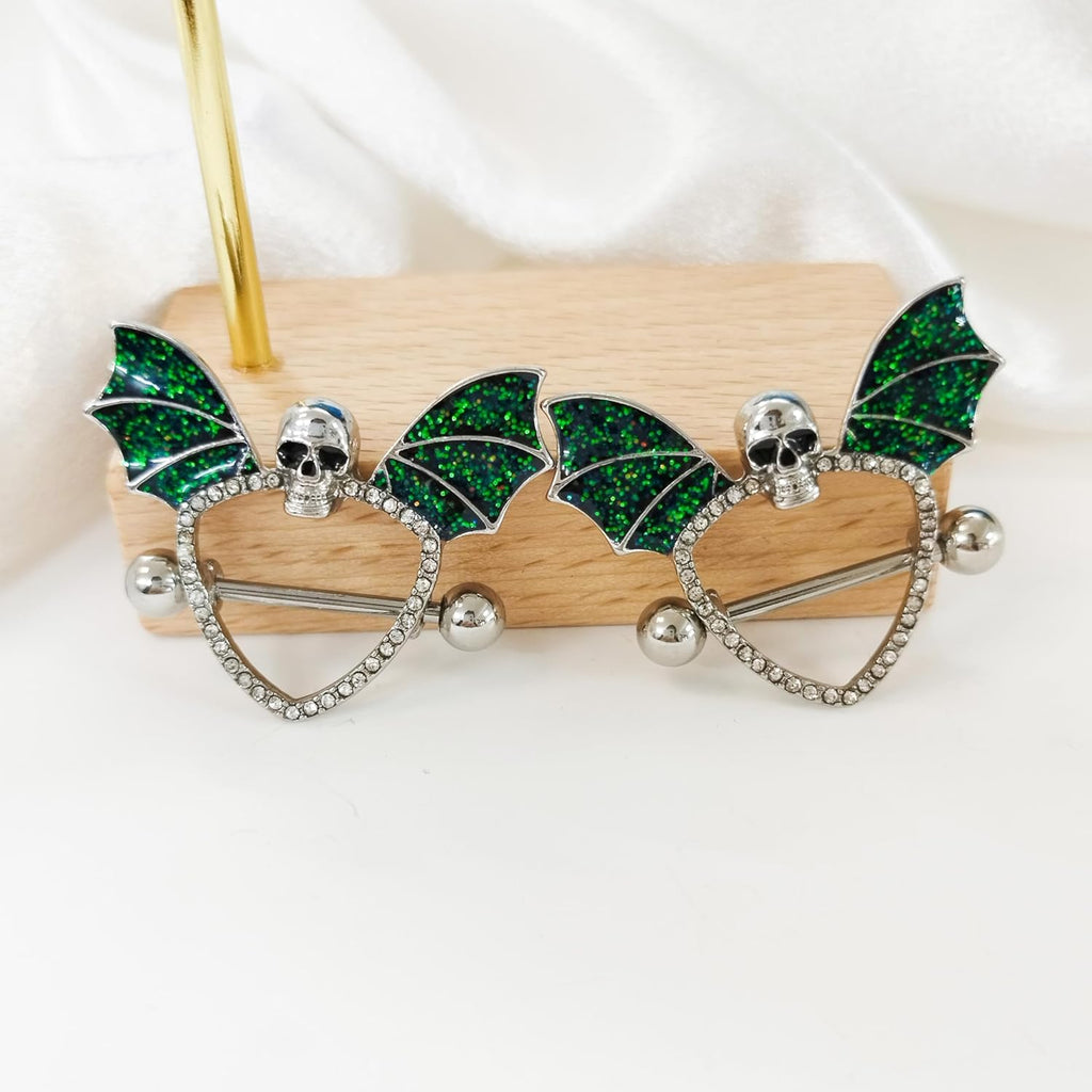 14G Green Bat Skull Nipple Rings for Women Surgical Stainless Steel Skeleton Nipplerings Nipple Studs Barbells Halloween Body Piercing Jewelry