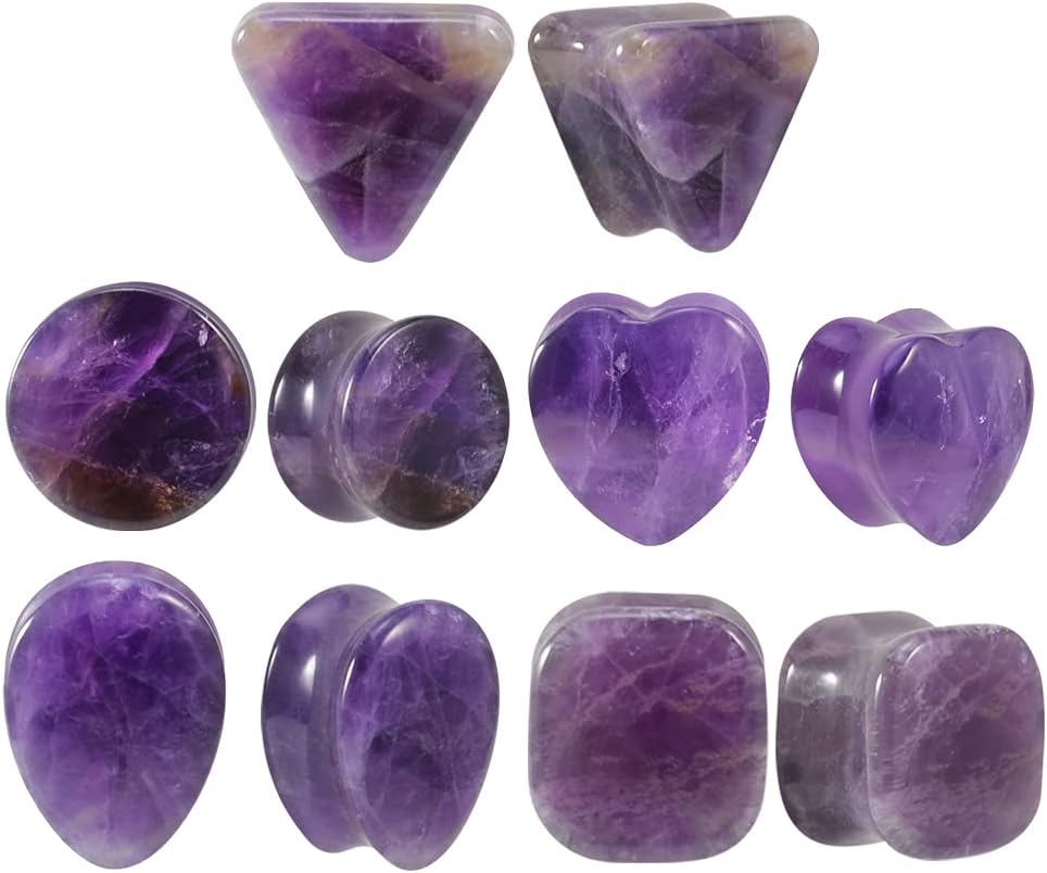 8mm - 16mm 10PCS Set Organic Stone Amethyst Ear Gauges Plugs Tunnels Double Flared Saddle - QIAO CrystalQIAO CrystalQIAO Crystal