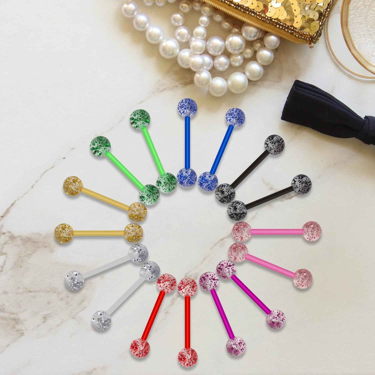 8Pair Flexible Glitter Acrylic Tongue Ring Retainer or Nipple Ring 14G Bar Length 16mm - QIAO CrystalQIAO CrystalQIAO Crystal