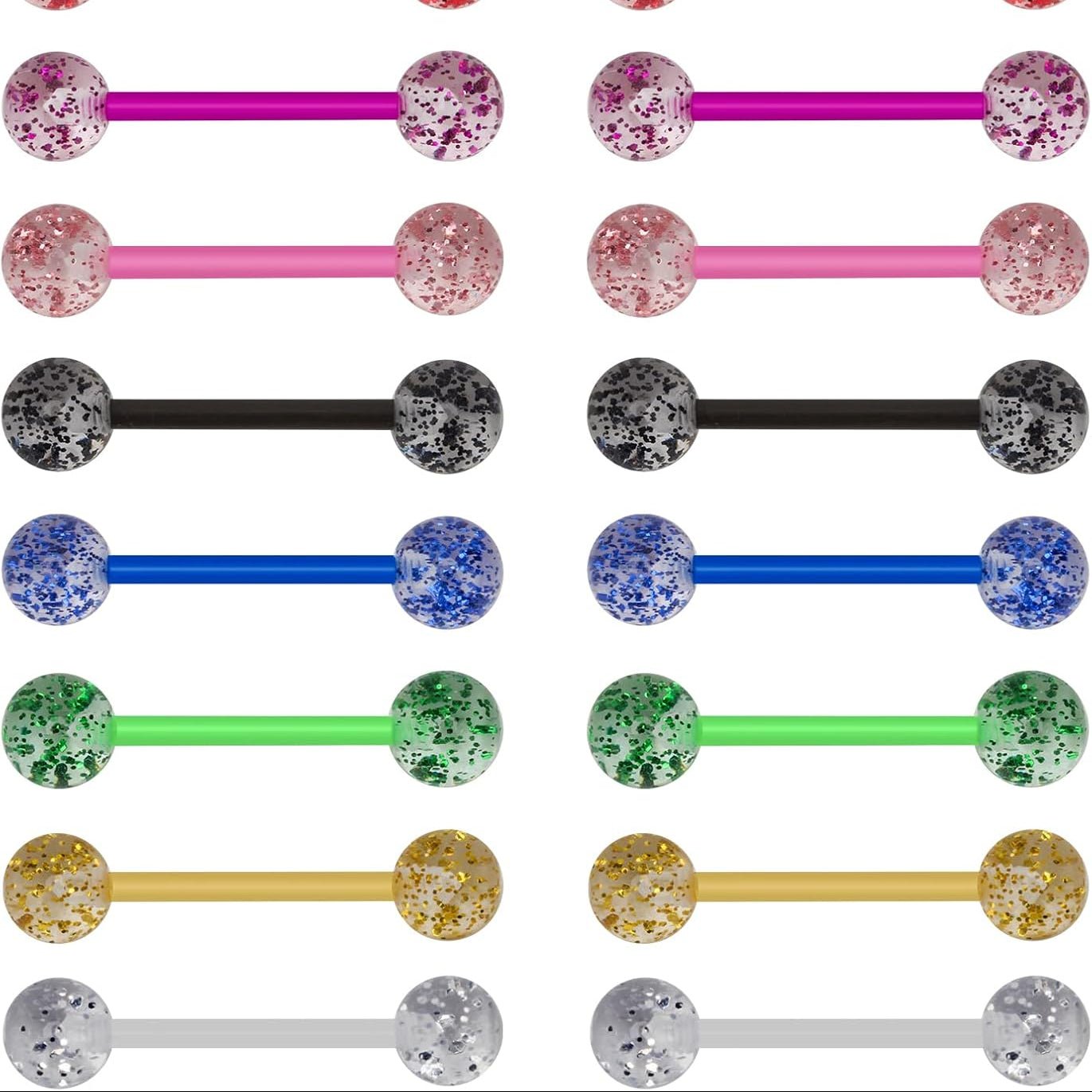 8Pair Flexible Glitter Acrylic Tongue Ring Retainer or Nipple Ring 14G Bar Length 16mm - QIAO CrystalQIAO CrystalQIAO Crystal
