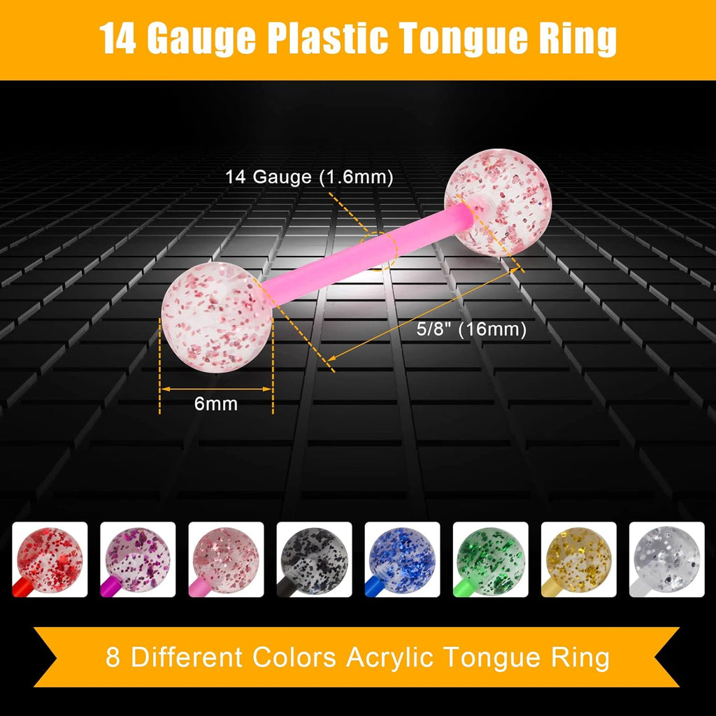 8Pair Flexible Glitter Acrylic Tongue Ring Retainer or Nipple Ring 14G Bar Length 16mm - QIAO CrystalQIAO CrystalQIAO Crystal