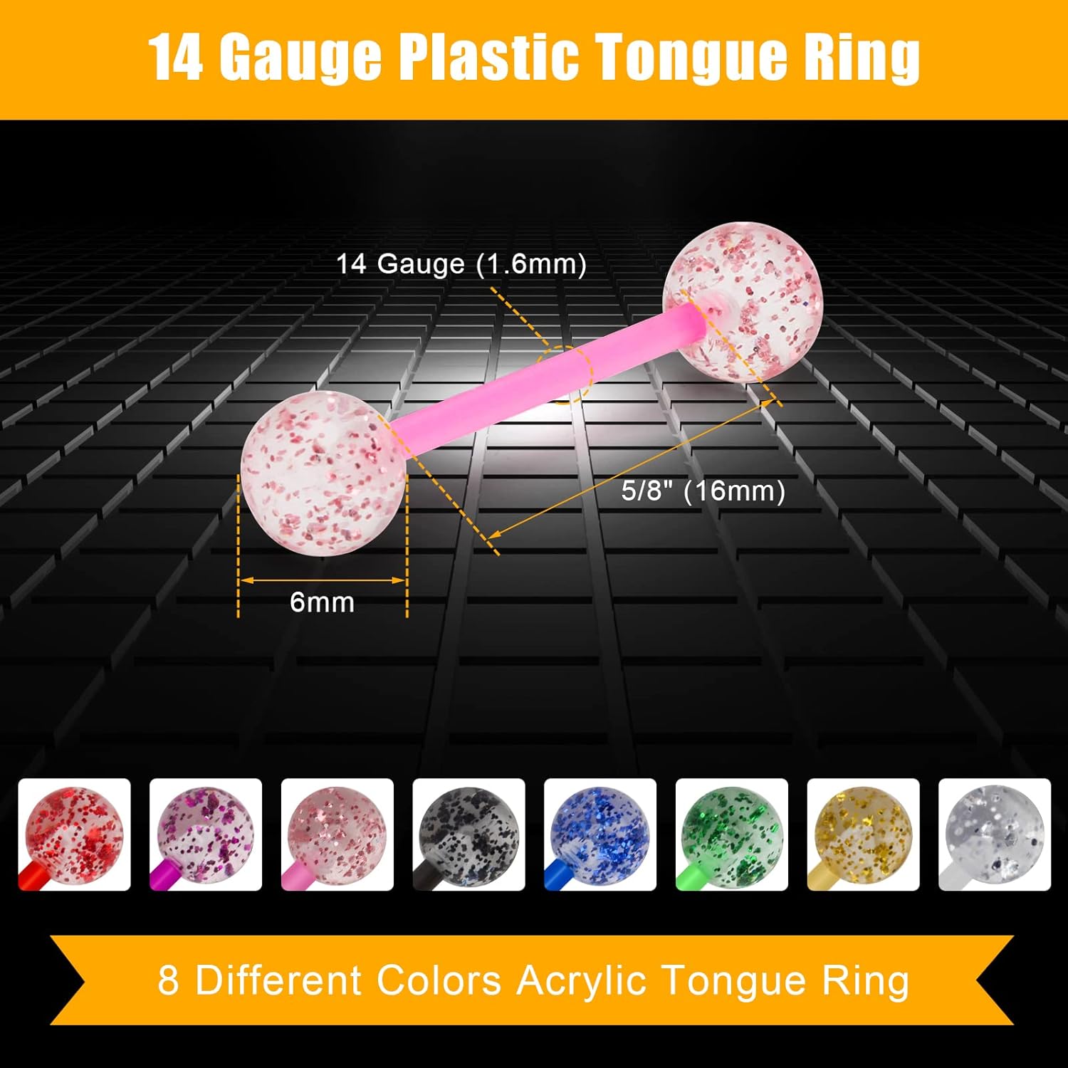 8Pair Flexible Glitter Acrylic Tongue Ring Retainer or Nipple Ring 14G Bar Length 16mm - QIAO CrystalQIAO CrystalQIAO Crystal