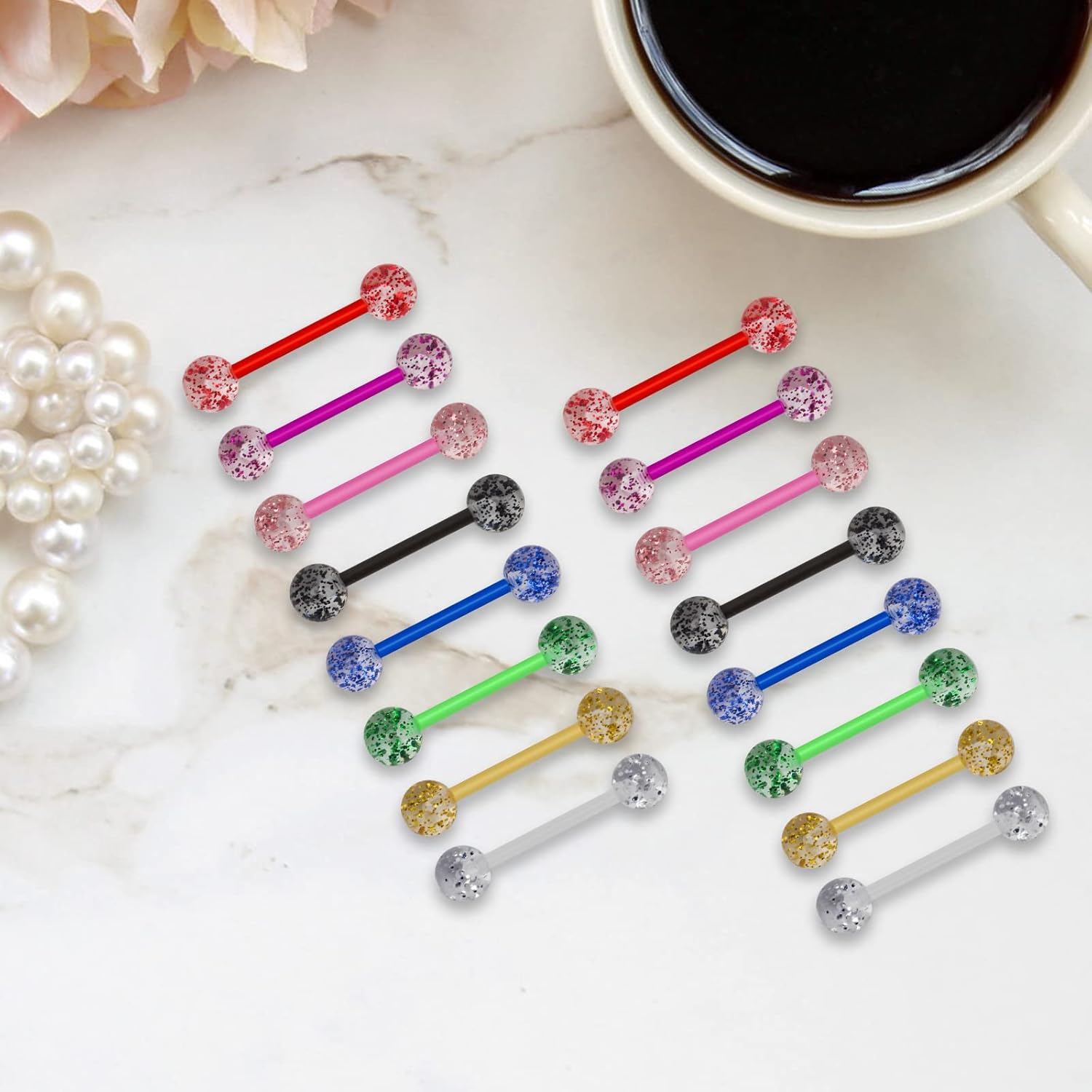 8Pair Flexible Glitter Acrylic Tongue Ring Retainer or Nipple Ring 14G Bar Length 16mm - QIAO CrystalQIAO CrystalQIAO Crystal