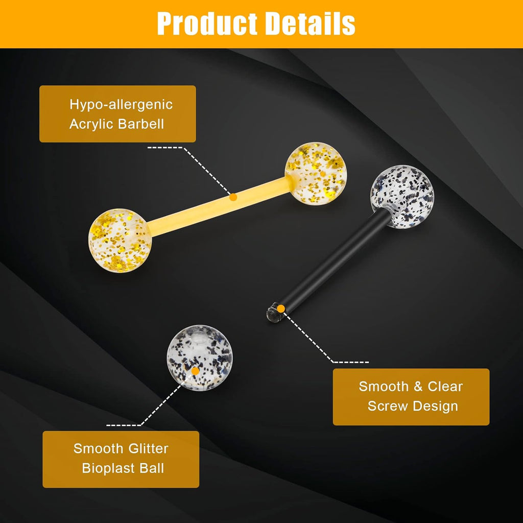 8Pair Flexible Glitter Acrylic Tongue Ring Retainer or Nipple Ring 14G Bar Length 16mm - QIAO CrystalQIAO CrystalQIAO Crystal