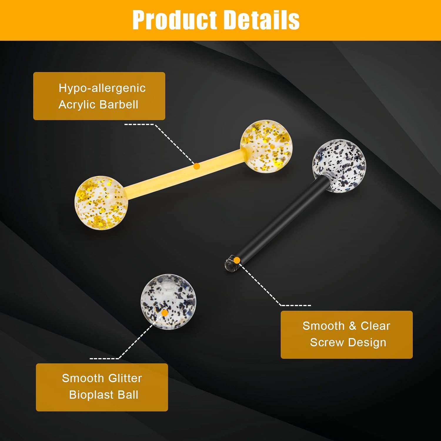 8Pair Flexible Glitter Acrylic Tongue Ring Retainer or Nipple Ring 14G Bar Length 16mm - QIAO CrystalQIAO CrystalQIAO Crystal