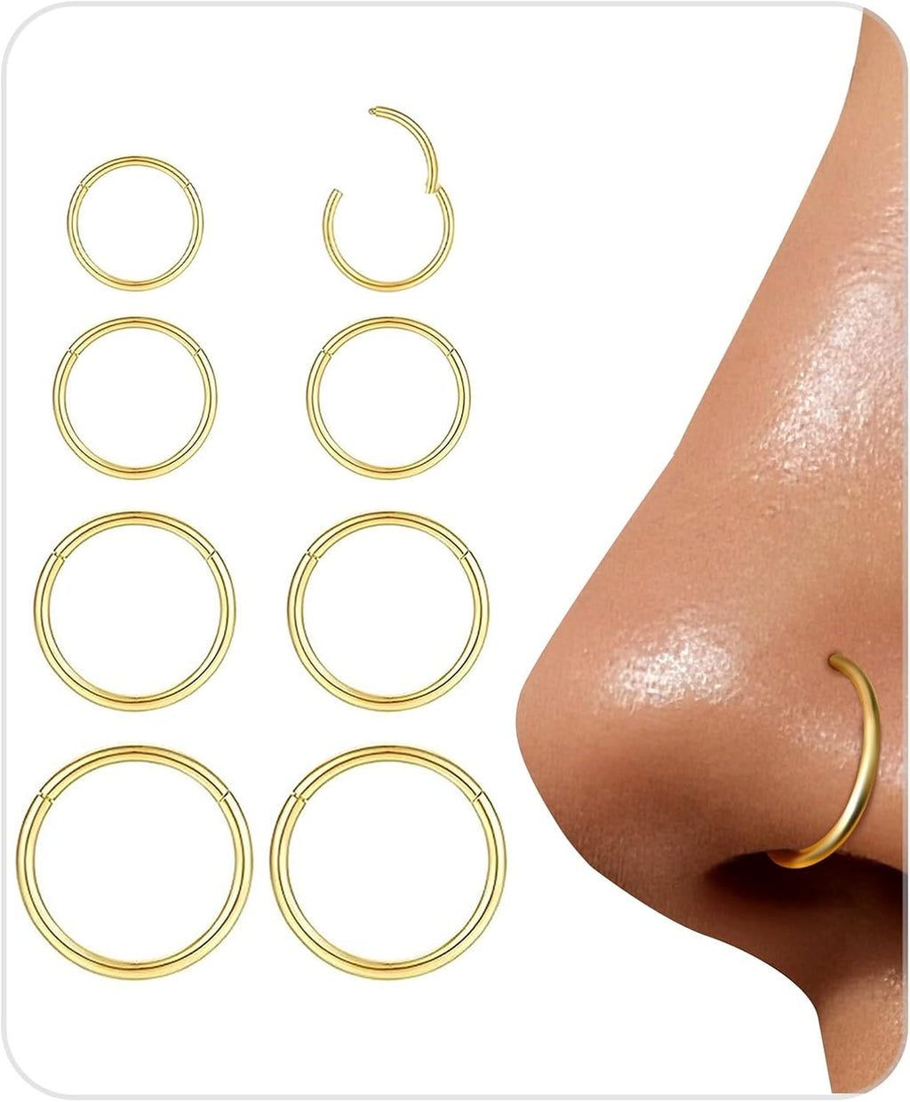 8Pcs 18G Nose Rings Hoops Set for Women Men: Hypoallergenic Gold/Silver 316L Surgical Stainless Steel Nose Hoops Hinged Clicker Septum Rings for Nose Cartilage Body Piercing Jewelry 6mm 7mm 8mm 9mm - QIAO CrystalQIAO CrystalQIAO Crystal