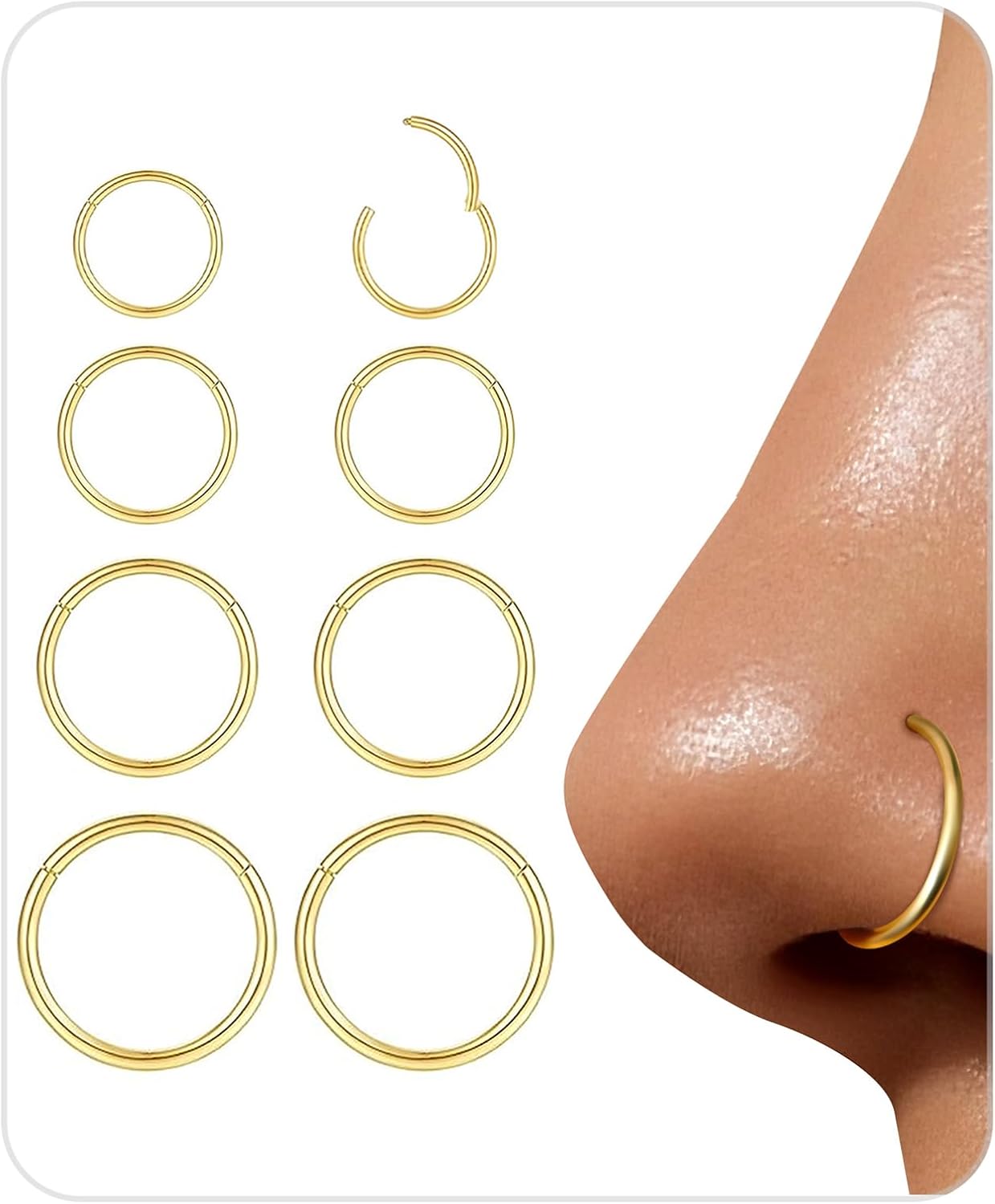 8Pcs 18G Nose Rings Hoops Set for Women Men: Hypoallergenic Gold/Silver 316L Surgical Stainless Steel Nose Hoops Hinged Clicker Septum Rings for Nose Cartilage Body Piercing Jewelry 6mm 7mm 8mm 9mm - QIAO CrystalQIAO CrystalQIAO Crystal