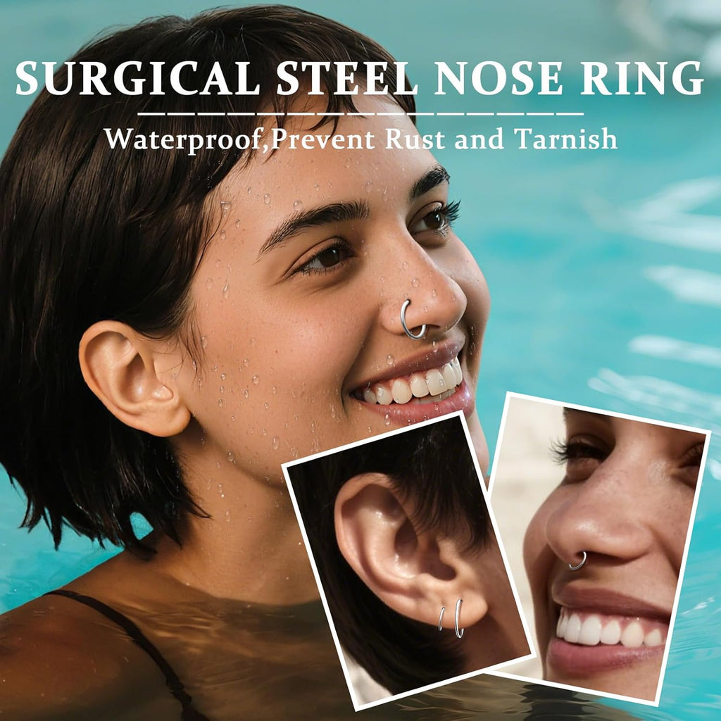 8Pcs 18G Nose Rings Hoops Set for Women Men: Hypoallergenic Gold/Silver 316L Surgical Stainless Steel Nose Hoops Hinged Clicker Septum Rings for Nose Cartilage Body Piercing Jewelry 6mm 7mm 8mm 9mm - QIAO CrystalQIAO CrystalQIAO Crystal