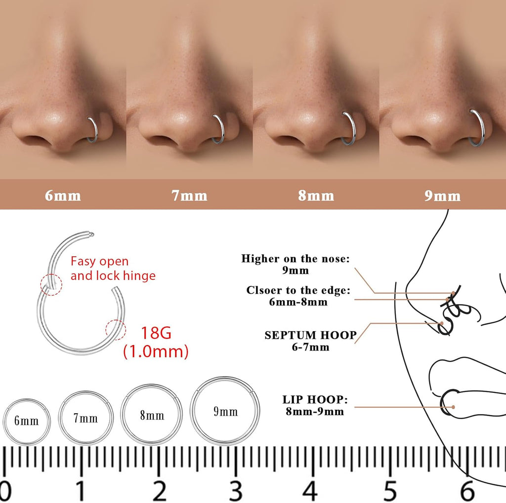 8Pcs 18G Nose Rings Hoops Set for Women Men: Hypoallergenic Gold/Silver 316L Surgical Stainless Steel Nose Hoops Hinged Clicker Septum Rings for Nose Cartilage Body Piercing Jewelry 6mm 7mm 8mm 9mm - QIAO CrystalQIAO CrystalQIAO Crystal