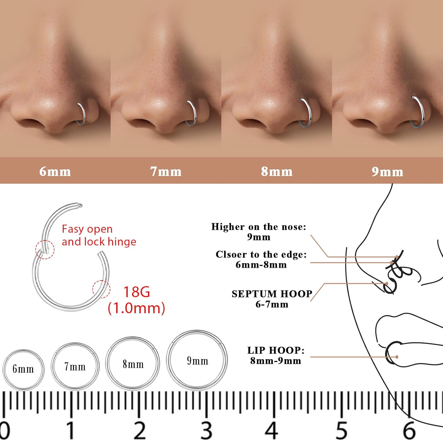 8Pcs 18G Nose Rings Hoops Set for Women Men: Hypoallergenic Gold/Silver 316L Surgical Stainless Steel Nose Hoops Hinged Clicker Septum Rings for Nose Cartilage Body Piercing Jewelry 6mm 7mm 8mm 9mm - QIAO CrystalQIAO CrystalQIAO Crystal