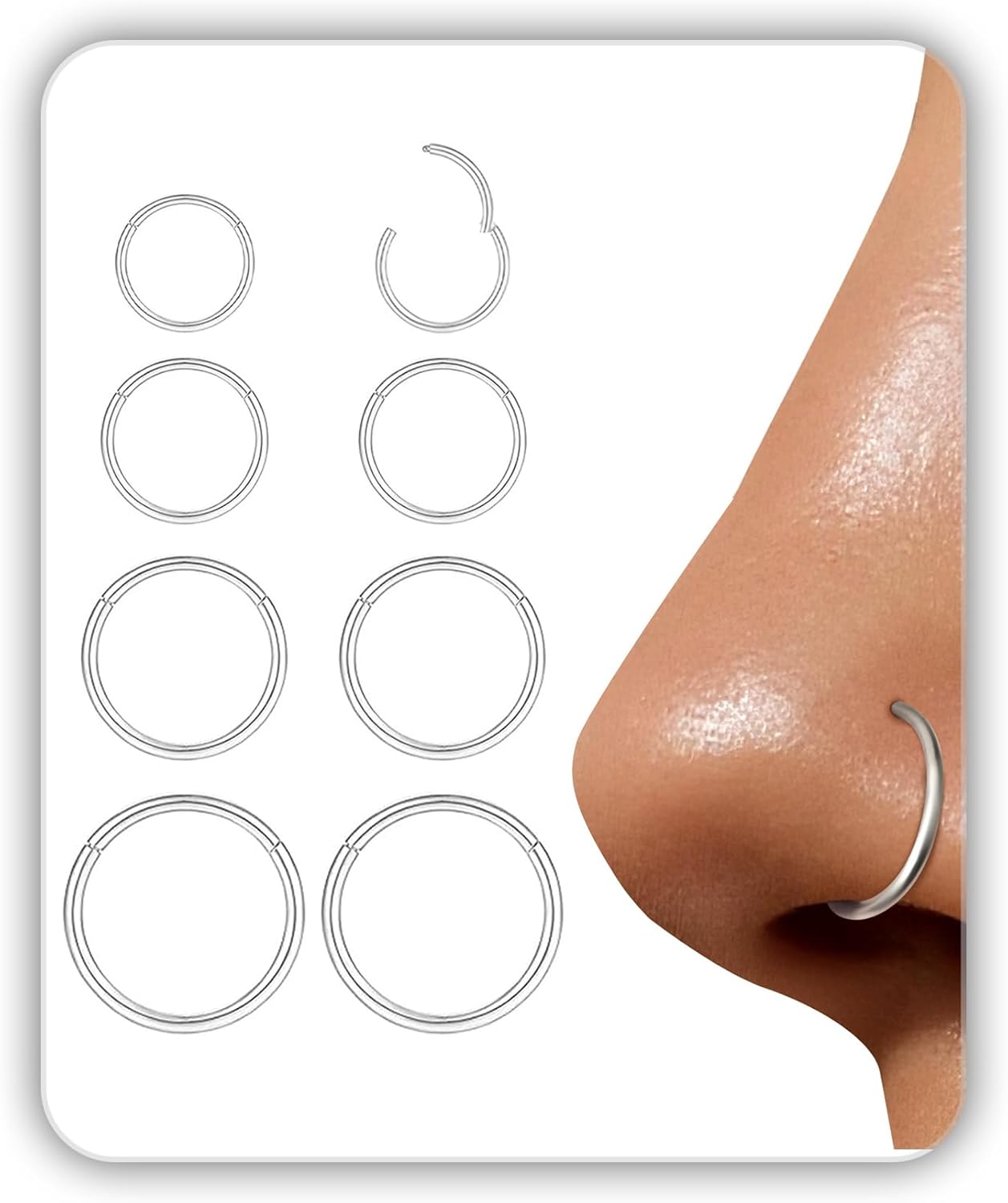 8Pcs 18G Nose Rings Hoops Set for Women Men: Hypoallergenic Gold/Silver 316L Surgical Stainless Steel Nose Hoops Hinged Clicker Septum Rings for Nose Cartilage Body Piercing Jewelry 6mm 7mm 8mm 9mm - QIAO CrystalQIAO CrystalQIAO Crystal
