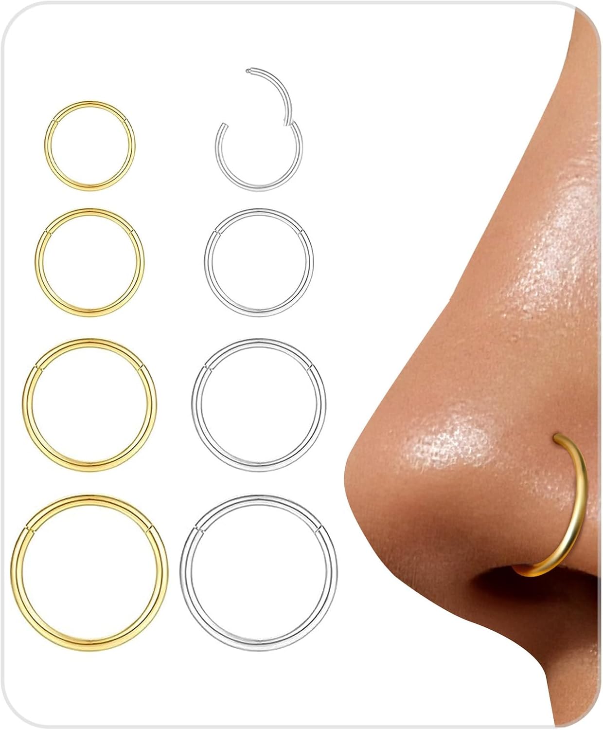 8Pcs 18G Nose Rings Hoops Set for Women Men: Hypoallergenic Gold/Silver 316L Surgical Stainless Steel Nose Hoops Hinged Clicker Septum Rings for Nose Cartilage Body Piercing Jewelry 6mm 7mm 8mm 9mm - QIAO CrystalQIAO CrystalQIAO Crystal