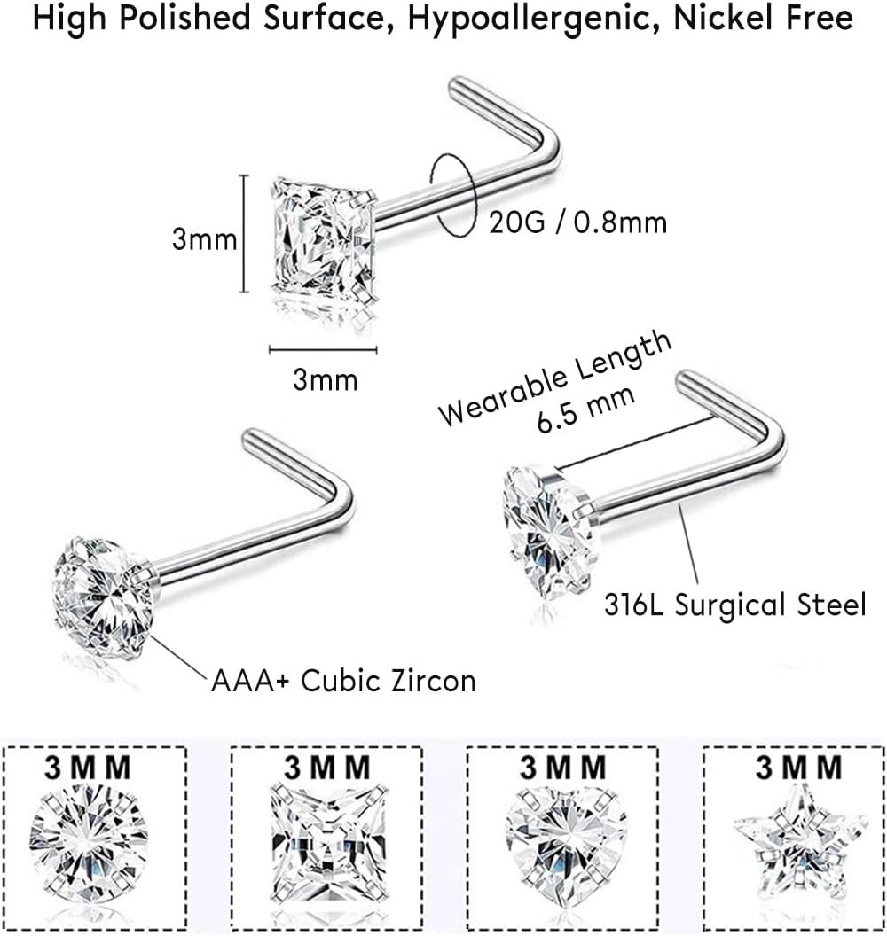 8Pcs 20G Nose Rings studs for Woman Hypoallergenic Nose Studs 316L Surgical Steel with Gold Plated Nose Piercings Jewelry 3mm CZ L Shape Nose Rings 20 Gauge Nose Stud Nose Screw Studs - QIAO CrystalQIAO CrystalQIAO Crystal