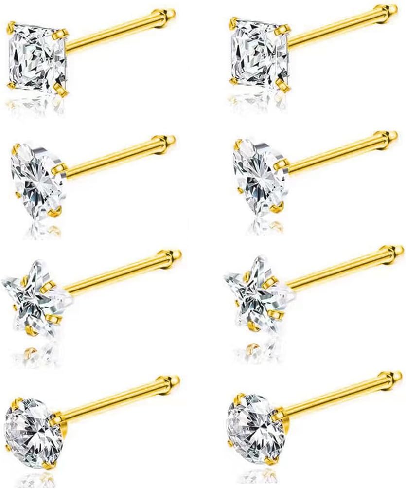 8Pcs 20G Nose Rings studs for Woman Hypoallergenic Nose Studs 316L Surgical Steel with Gold Plated Nose Piercings Jewelry 3mm CZ L Shape Nose Rings 20 Gauge Nose Stud Nose Screw Studs - QIAO CrystalQIAO CrystalQIAO Crystal