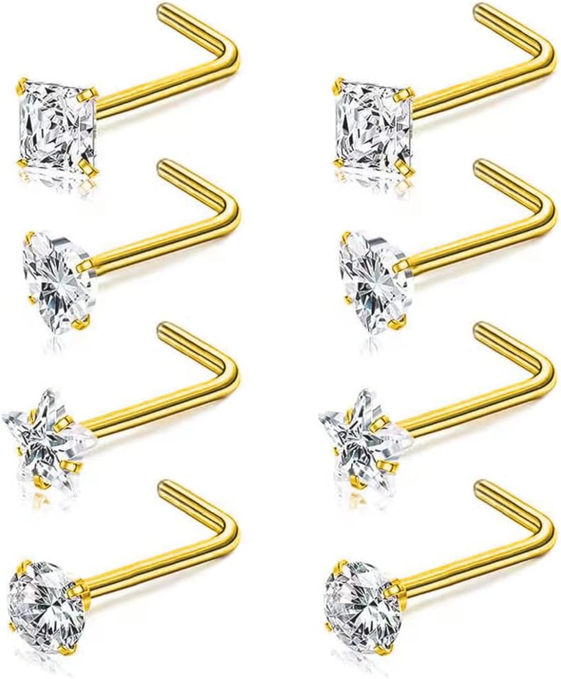 8Pcs 20G Nose Rings studs for Woman Hypoallergenic Nose Studs 316L Surgical Steel with Gold Plated Nose Piercings Jewelry 3mm CZ L Shape Nose Rings 20 Gauge Nose Stud Nose Screw Studs - QIAO CrystalQIAO CrystalQIAO Crystal
