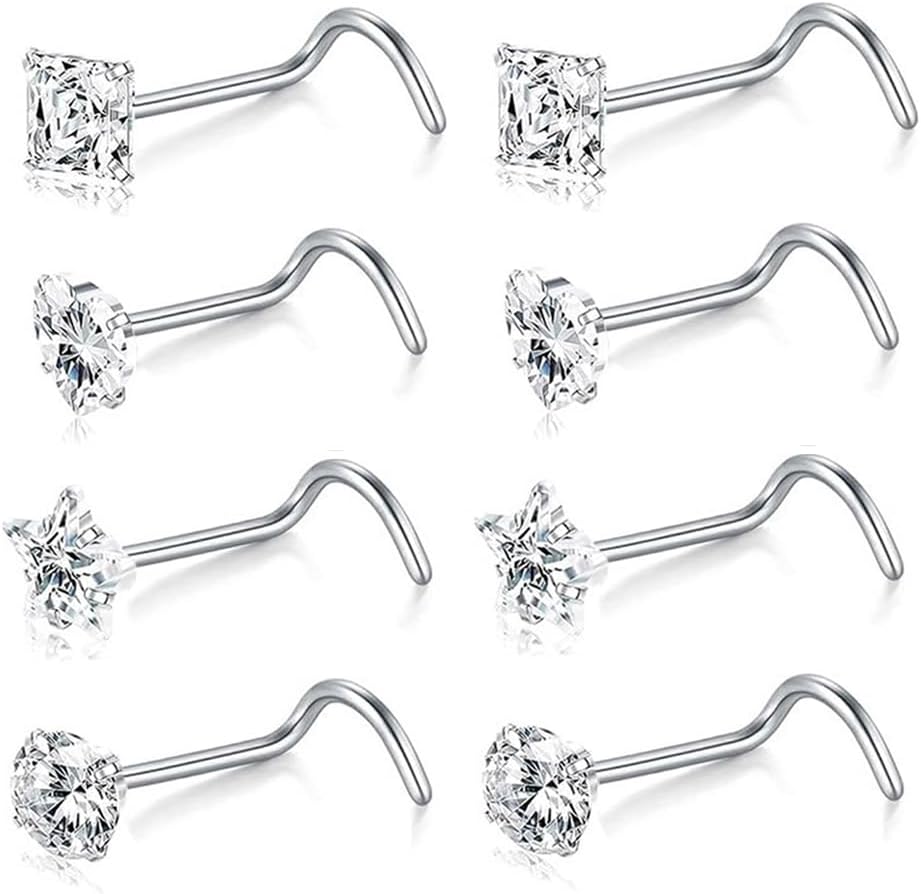 8Pcs 20G Nose Rings studs for Woman Hypoallergenic Nose Studs 316L Surgical Steel with Gold Plated Nose Piercings Jewelry 3mm CZ L Shape Nose Rings 20 Gauge Nose Stud Nose Screw Studs - QIAO CrystalQIAO CrystalQIAO Crystal