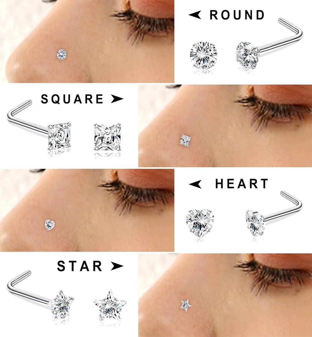 8Pcs 20G Nose Rings studs for Woman Hypoallergenic Nose Studs 316L Surgical Steel with Gold Plated Nose Piercings Jewelry 3mm CZ L Shape Nose Rings 20 Gauge Nose Stud Nose Screw Studs - QIAO CrystalQIAO CrystalQIAO Crystal