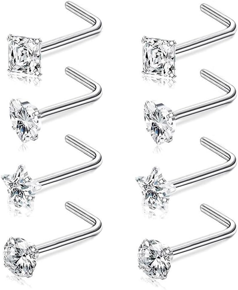 8Pcs 20G Nose Rings studs for Woman Hypoallergenic Nose Studs 316L Surgical Steel with Gold Plated Nose Piercings Jewelry 3mm CZ L Shape Nose Rings 20 Gauge Nose Stud Nose Screw Studs - QIAO CrystalQIAO CrystalQIAO Crystal