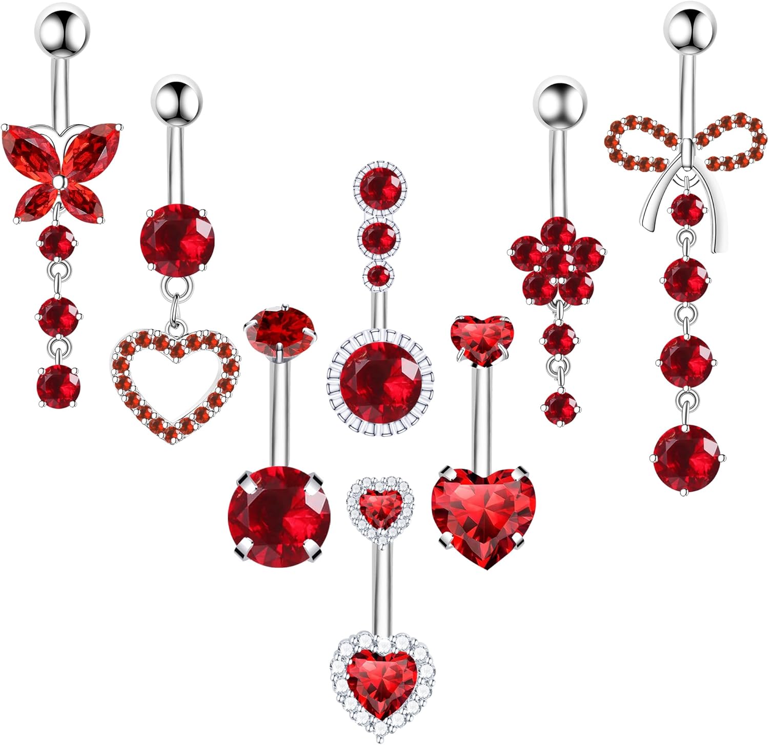 8Pcs Gold Pink Silver Belly Button Ring Dangle Navel Belly Piercing Jewelry Cute CZ Butterfly Heart Flower Bow Navel Belly Rings for Women 14G Hypoallergenic Surgical Stainless Steel Dainty Dangling Dangly Belly Button Piercing Pack - 我的商店我的商店我的商店