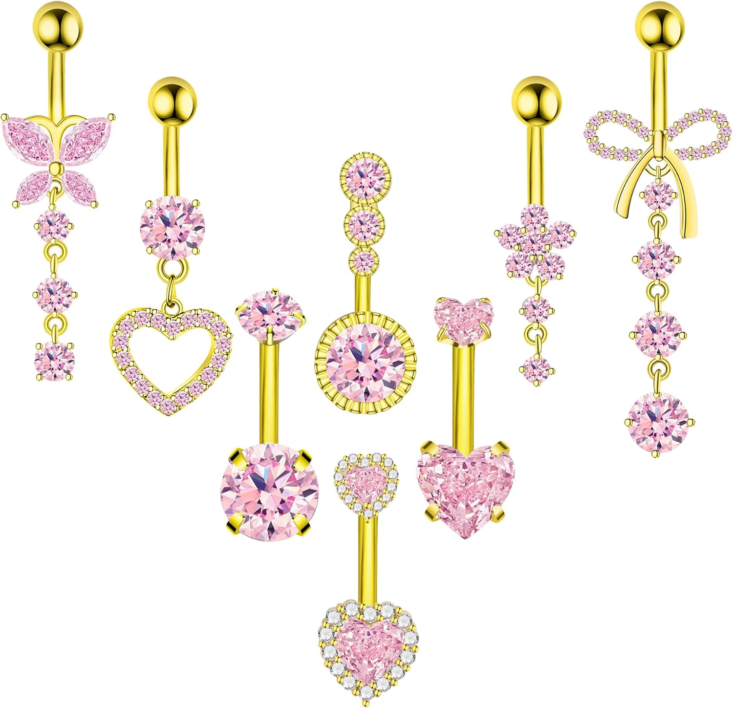 8Pcs Gold Pink Silver Belly Button Ring Dangle Navel Belly Piercing Jewelry Cute CZ Butterfly Heart Flower Bow Navel Belly Rings for Women 14G Hypoallergenic Surgical Stainless Steel Dainty Dangling Dangly Belly Button Piercing Pack - 我的商店我的商店我的商店