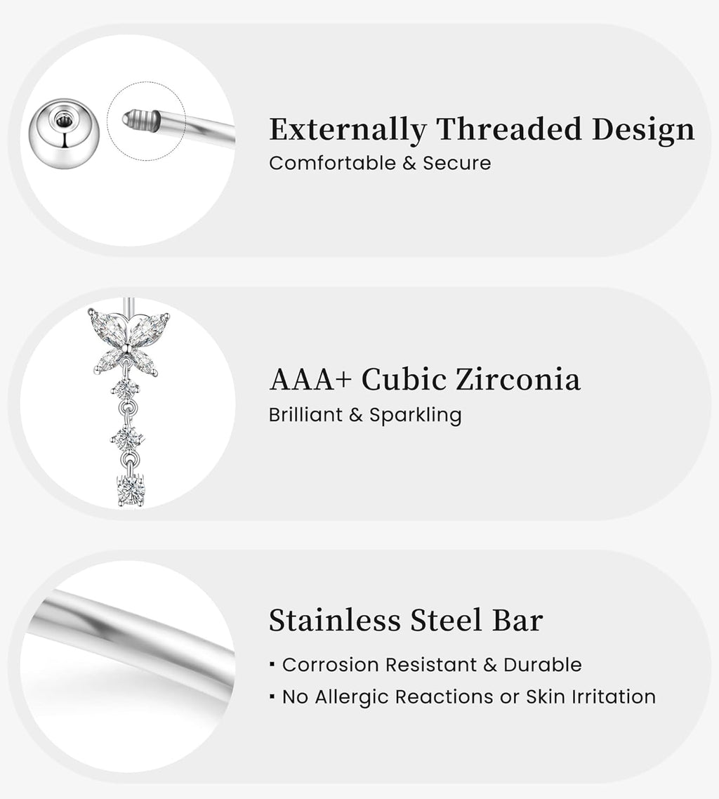 8Pcs Gold Pink Silver Belly Button Ring Dangle Navel Belly Piercing Jewelry Cute CZ Butterfly Heart Flower Bow Navel Belly Rings for Women 14G Hypoallergenic Surgical Stainless Steel Dainty Dangling Dangly Belly Button Piercing Pack - 我的商店我的商店我的商店