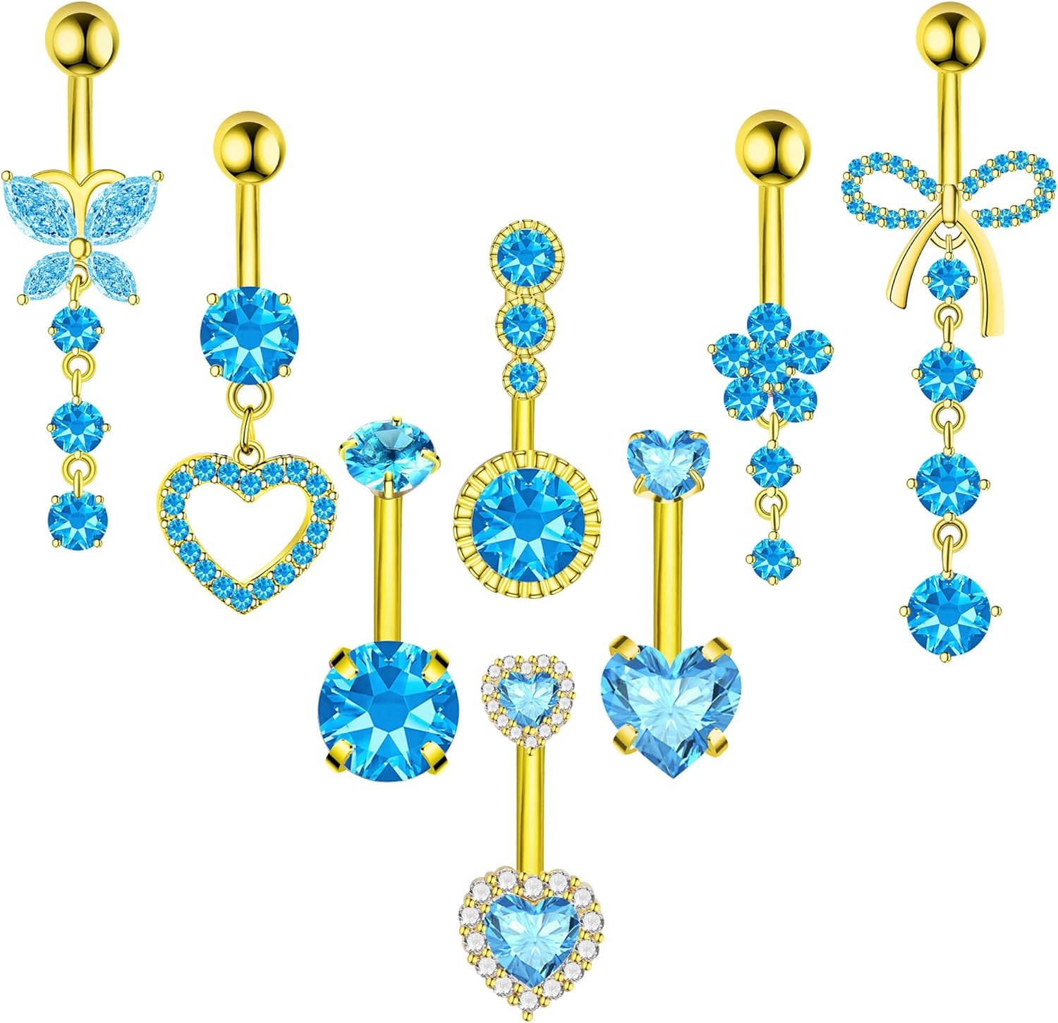 8Pcs Gold Pink Silver Belly Button Ring Dangle Navel Belly Piercing Jewelry Cute CZ Butterfly Heart Flower Bow Navel Belly Rings for Women 14G Hypoallergenic Surgical Stainless Steel Dainty Dangling Dangly Belly Button Piercing Pack - 我的商店我的商店我的商店