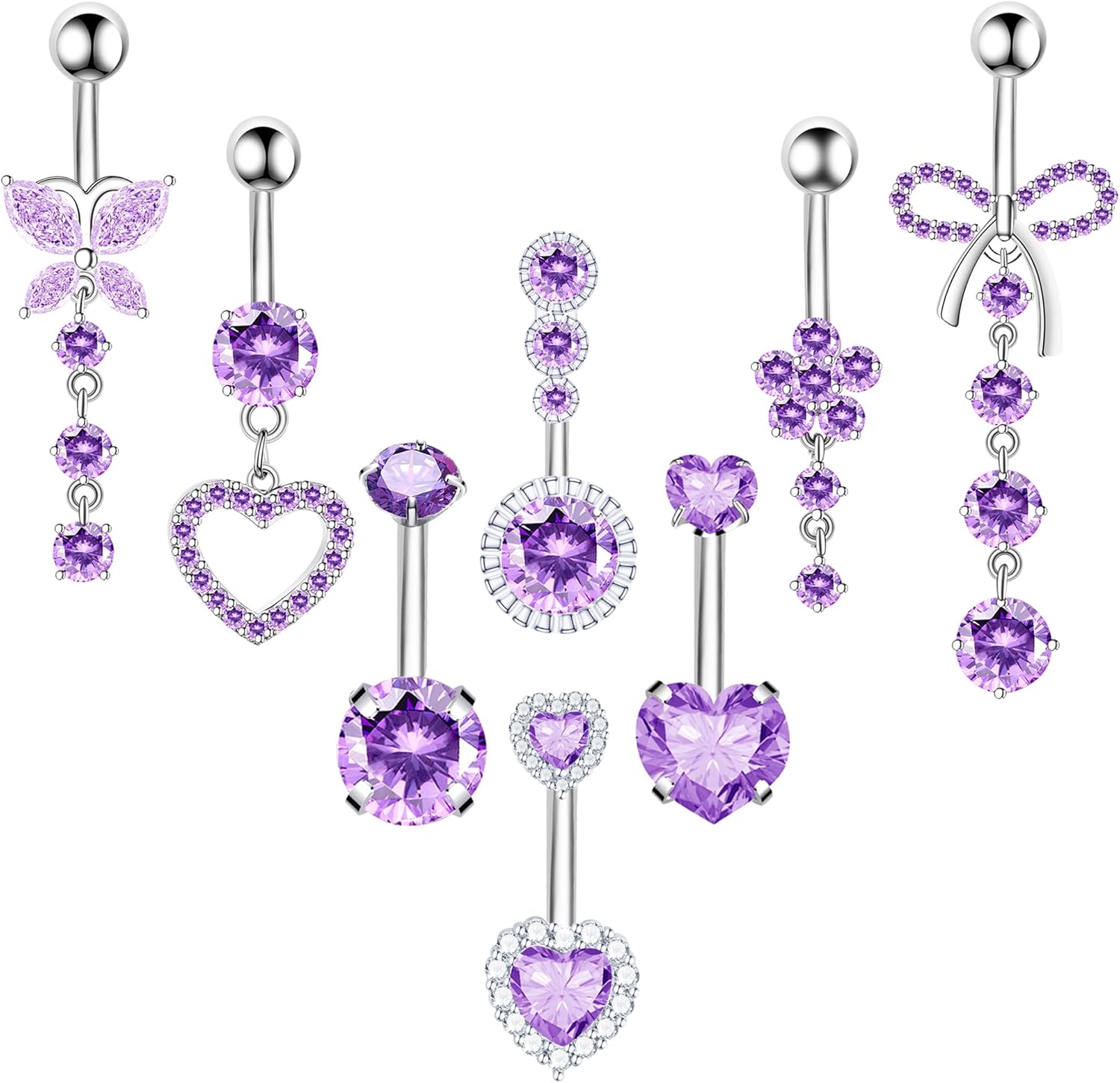 8Pcs Gold Pink Silver Belly Button Ring Dangle Navel Belly Piercing Jewelry Cute CZ Butterfly Heart Flower Bow Navel Belly Rings for Women 14G Hypoallergenic Surgical Stainless Steel Dainty Dangling Dangly Belly Button Piercing Pack - 我的商店我的商店我的商店