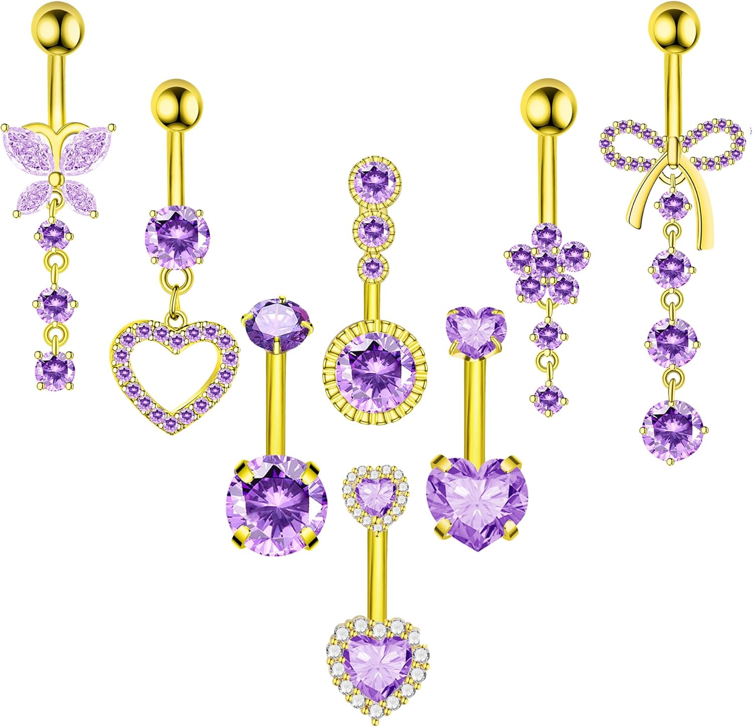 8Pcs Gold Pink Silver Belly Button Ring Dangle Navel Belly Piercing Jewelry Cute CZ Butterfly Heart Flower Bow Navel Belly Rings for Women 14G Hypoallergenic Surgical Stainless Steel Dainty Dangling Dangly Belly Button Piercing Pack - 我的商店我的商店我的商店