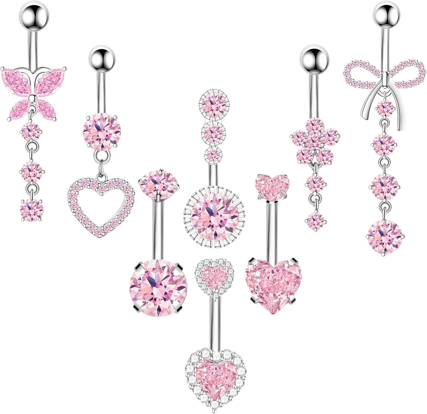 8Pcs Gold Pink Silver Belly Button Ring Dangle Navel Belly Piercing Jewelry Cute CZ Butterfly Heart Flower Bow Navel Belly Rings for Women 14G Hypoallergenic Surgical Stainless Steel Dainty Dangling Dangly Belly Button Piercing Pack - 我的商店我的商店我的商店