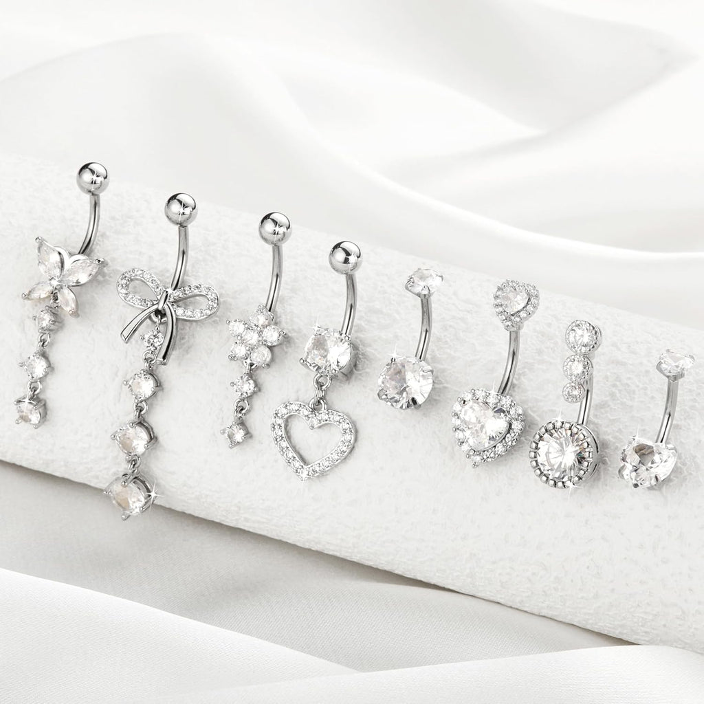 8Pcs Gold Pink Silver Belly Button Ring Dangle Navel Belly Piercing Jewelry Cute CZ Butterfly Heart Flower Bow Navel Belly Rings for Women 14G Hypoallergenic Surgical Stainless Steel Dainty Dangling Dangly Belly Button Piercing Pack - 我的商店我的商店我的商店