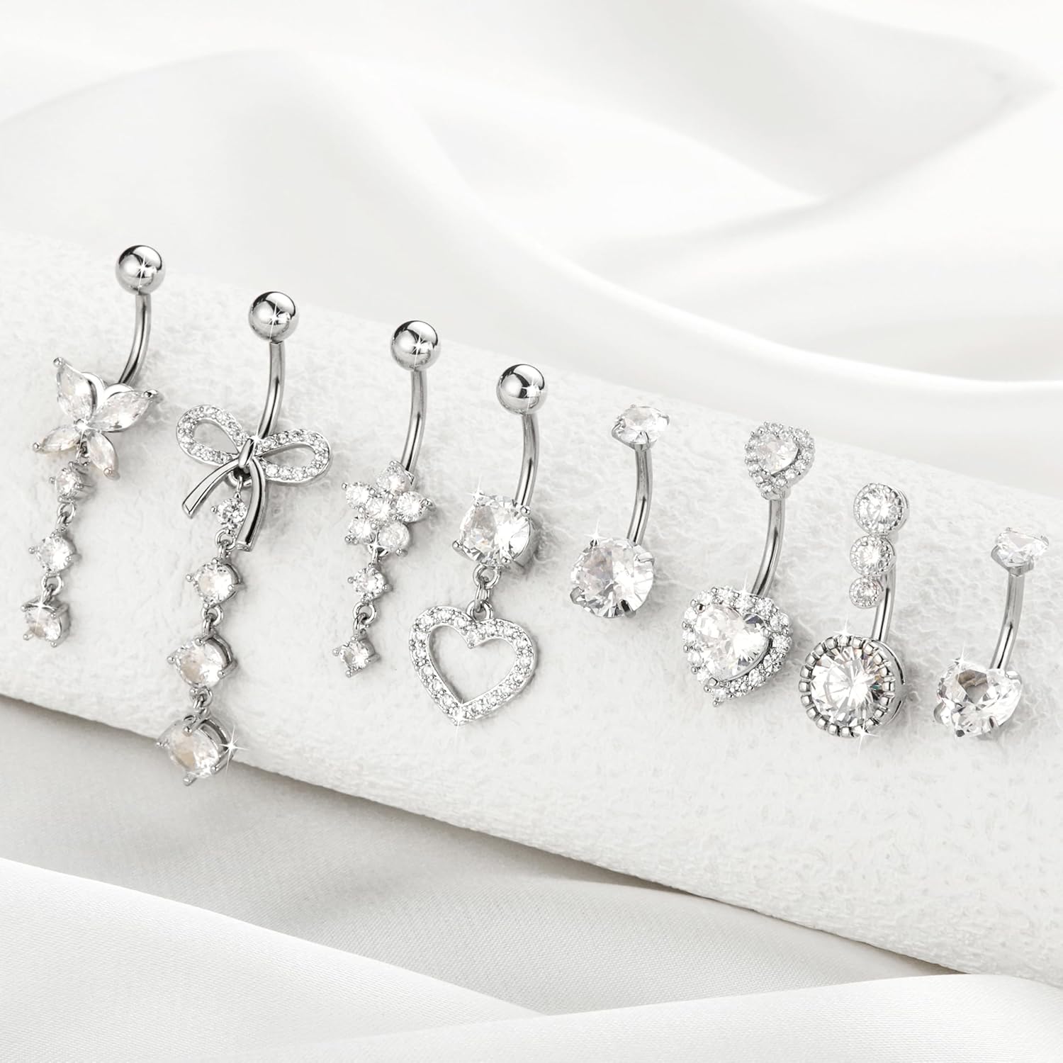 8Pcs Gold Pink Silver Belly Button Ring Dangle Navel Belly Piercing Jewelry Cute CZ Butterfly Heart Flower Bow Navel Belly Rings for Women 14G Hypoallergenic Surgical Stainless Steel Dainty Dangling Dangly Belly Button Piercing Pack - 我的商店我的商店我的商店