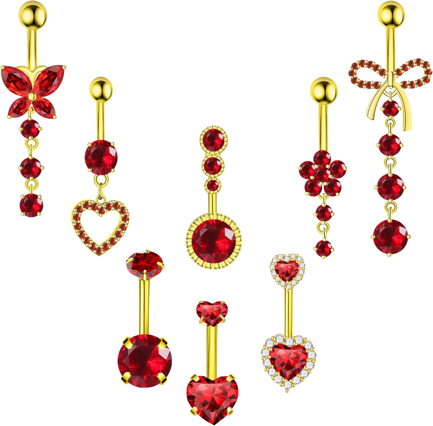 8Pcs Gold Pink Silver Belly Button Ring Dangle Navel Belly Piercing Jewelry Cute CZ Butterfly Heart Flower Bow Navel Belly Rings for Women 14G Hypoallergenic Surgical Stainless Steel Dainty Dangling Dangly Belly Button Piercing Pack - 我的商店我的商店我的商店