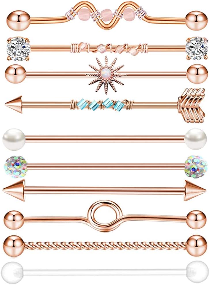 9 - 16pcs 14G Industrial Piercing Stainless Steel Industrial Earrings Barbell with Chain Dangle - QIAO CrystalQIAO CrystalQIAO Crystal