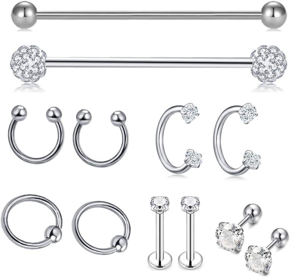 9 - 16pcs 14G Industrial Piercing Stainless Steel Industrial Earrings Barbell with Chain Dangle - QIAO CrystalQIAO CrystalQIAO Crystal