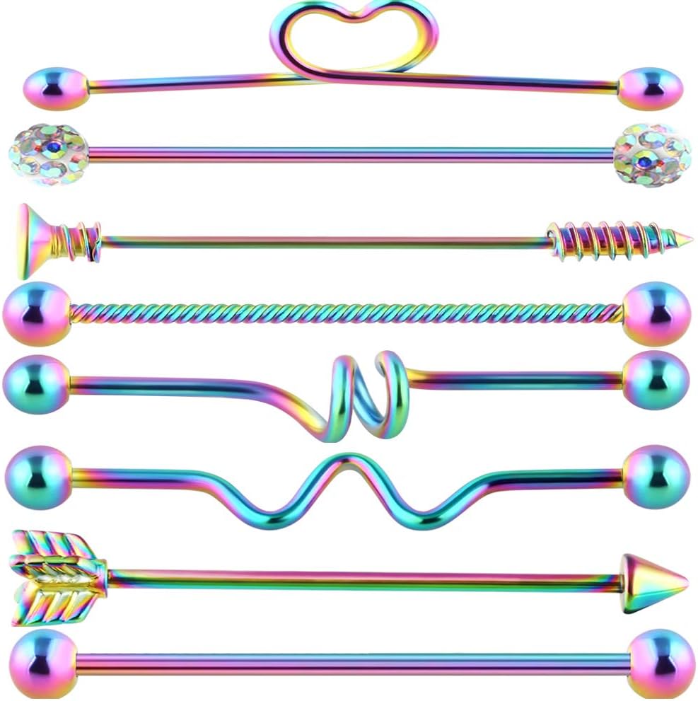 9 - 16pcs 14G Industrial Piercing Stainless Steel Industrial Earrings Barbell with Chain Dangle - QIAO CrystalQIAO CrystalQIAO Crystal