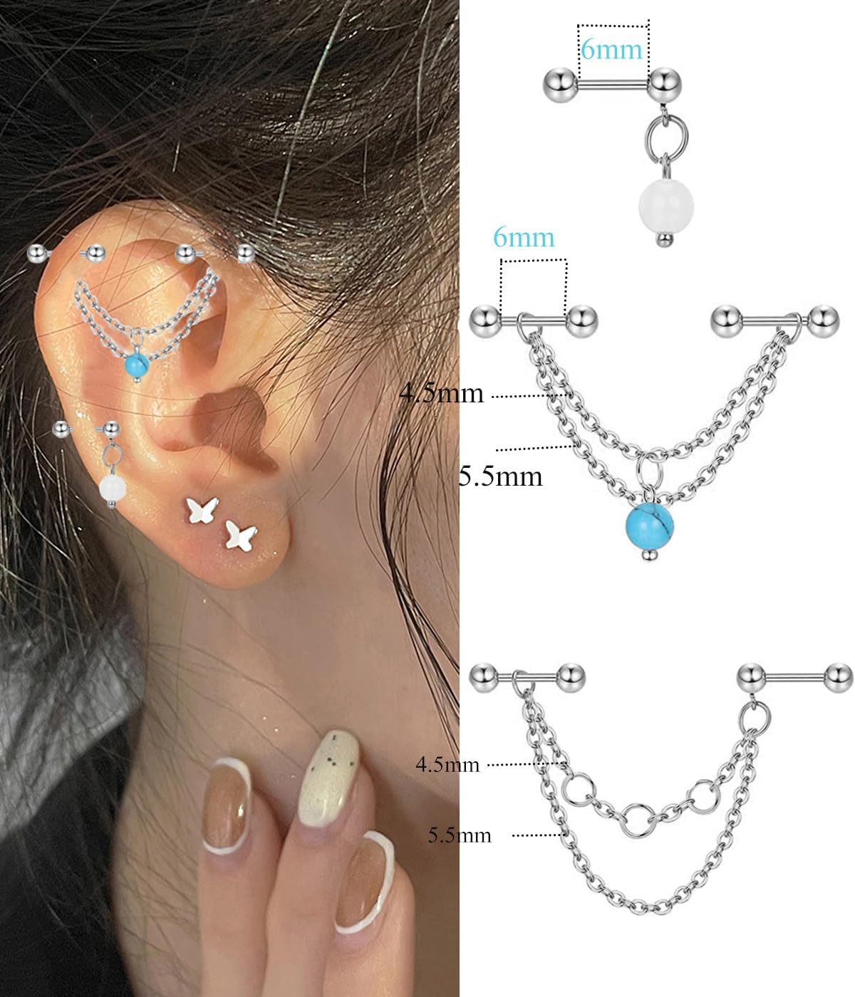 9 - 16pcs 14G Industrial Piercing Stainless Steel Industrial Earrings Barbell with Chain Dangle - QIAO CrystalQIAO CrystalQIAO Crystal