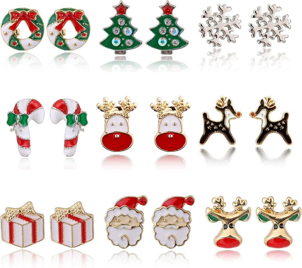 9 - 18 Pairs Women Christmas Earring Set, Cute Festive Jewelry Hypoallergenic Christmas Gifts for Kids Teens Girls (9 Pairs B Style) - QIAO Crystal我的商店QIAO Crystal
