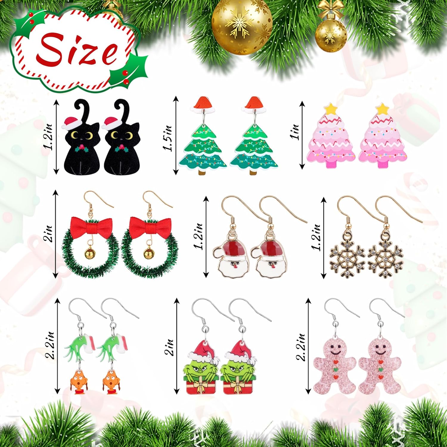 9 pair Christmas Earrings for Women,Christmas Jewelry for Women,Christmas Tree Cat Snowflakes Wreath Santa Earrings,Christmas Accessories Decorations - 我的商店我的商店我的商店