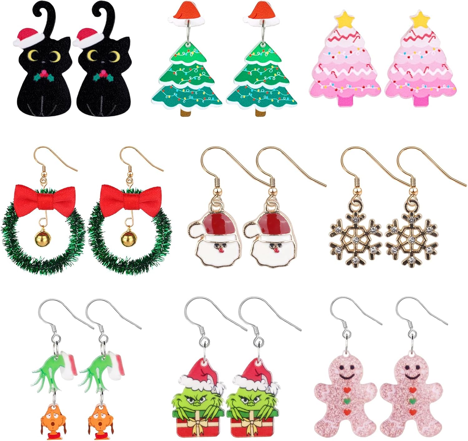 9 pair Christmas Earrings for Women,Christmas Jewelry for Women,Christmas Tree Cat Snowflakes Wreath Santa Earrings,Christmas Accessories Decorations - 我的商店我的商店我的商店