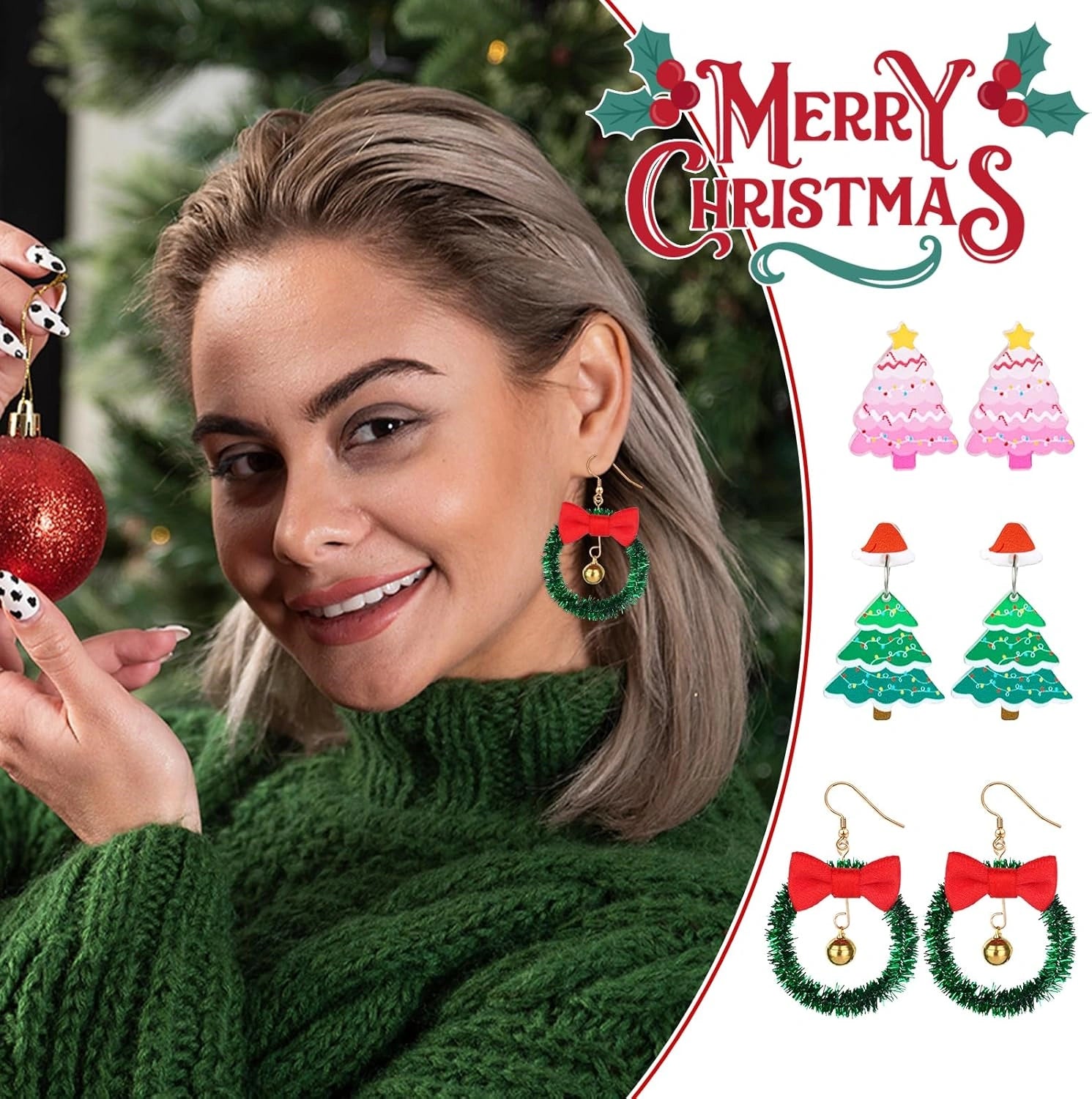 Woman wearing cute cat and snowflake Christmas earrings, showing how they look on for parties, work, or casual festive occasions.