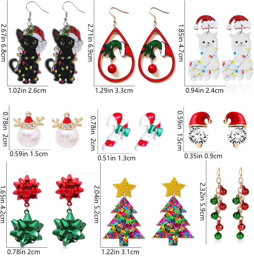9 Pairs Christmas Earrings for Women Candy cane earrings Christmas tree Cat Alpaca Acrylic earrings set Cute Christmas Party Holiday Gift - 我的商店我的商店我的商店
