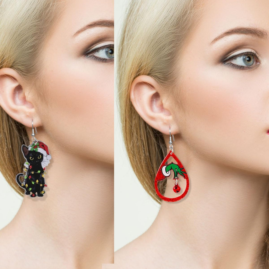 9 Pairs Christmas Earrings for Women Candy cane earrings Christmas tree Cat Alpaca Acrylic earrings set Cute Christmas Party Holiday Gift - 我的商店我的商店我的商店