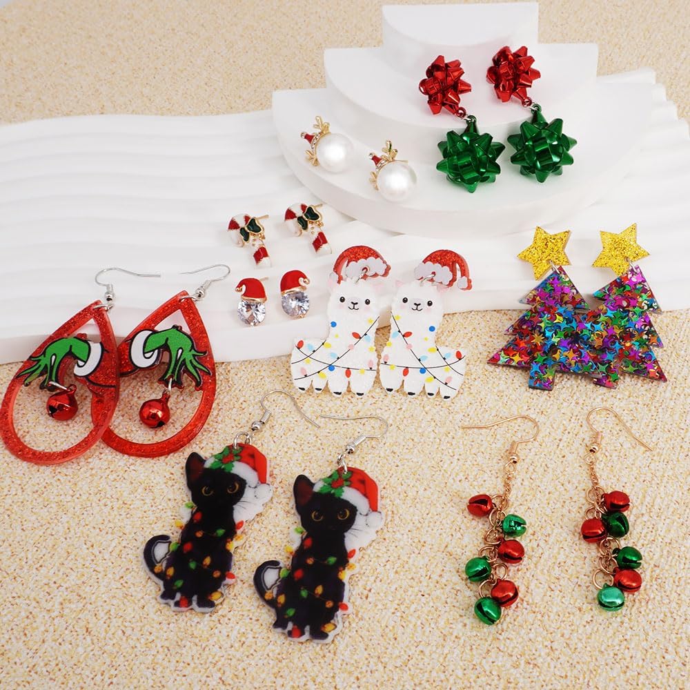 9 Pairs Christmas Earrings for Women Candy cane earrings Christmas tree Cat Alpaca Acrylic earrings set Cute Christmas Party Holiday Gift - 我的商店我的商店我的商店