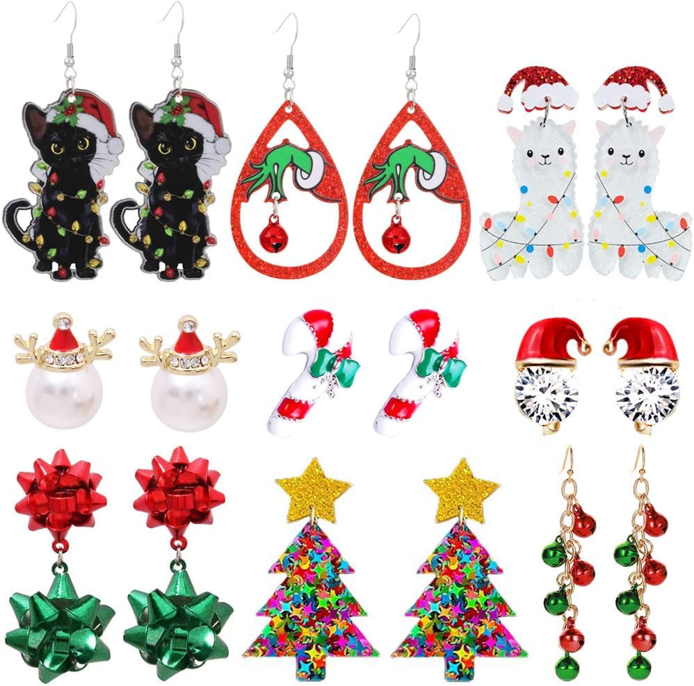 9 Pairs Christmas Earrings for Women Candy cane earrings Christmas tree Cat Alpaca Acrylic earrings set Cute Christmas Party Holiday Gift - 我的商店我的商店我的商店