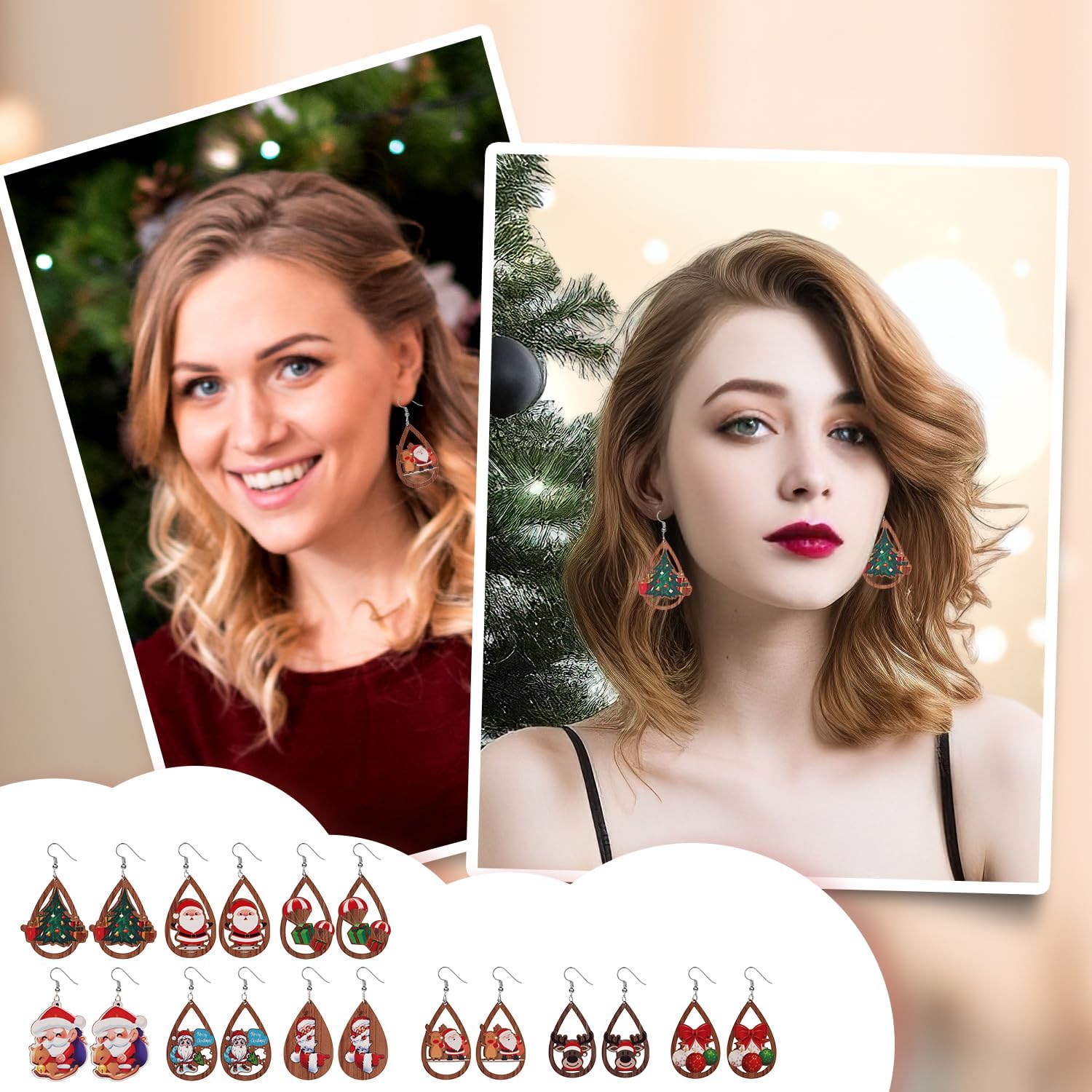9 Pairs Christmas Earrings for Women, Xmas Drop Earrings Set Holiday Earring Christmas Tree Elk Santa Claus Bell Wooden Teardrop Dangle Earrings for Xmas Winter Holiday Jewelry Party Gift - 我的商店我的商店我的商店
