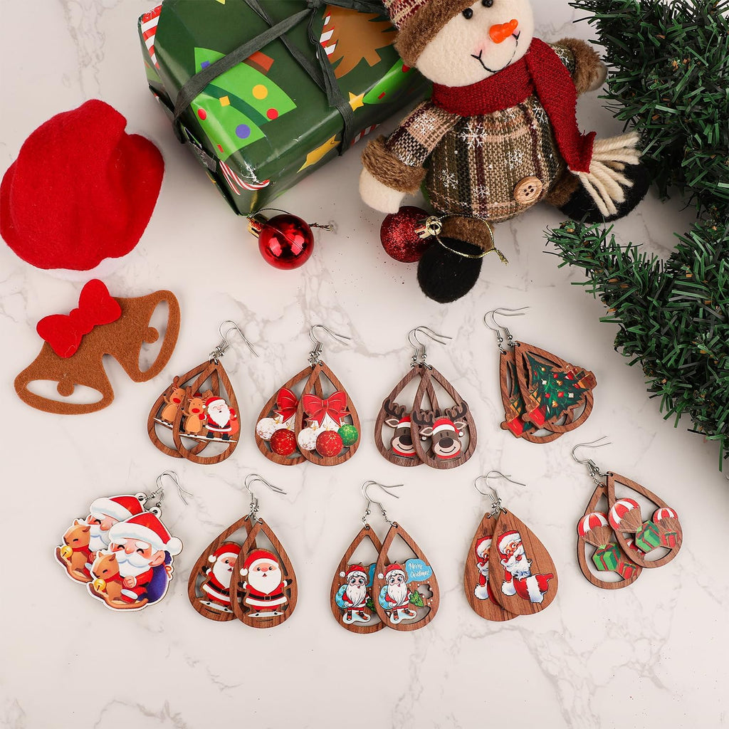 9 Pairs Christmas Earrings for Women, Xmas Drop Earrings Set Holiday Earring Christmas Tree Elk Santa Claus Bell Wooden Teardrop Dangle Earrings for Xmas Winter Holiday Jewelry Party Gift - 我的商店我的商店我的商店