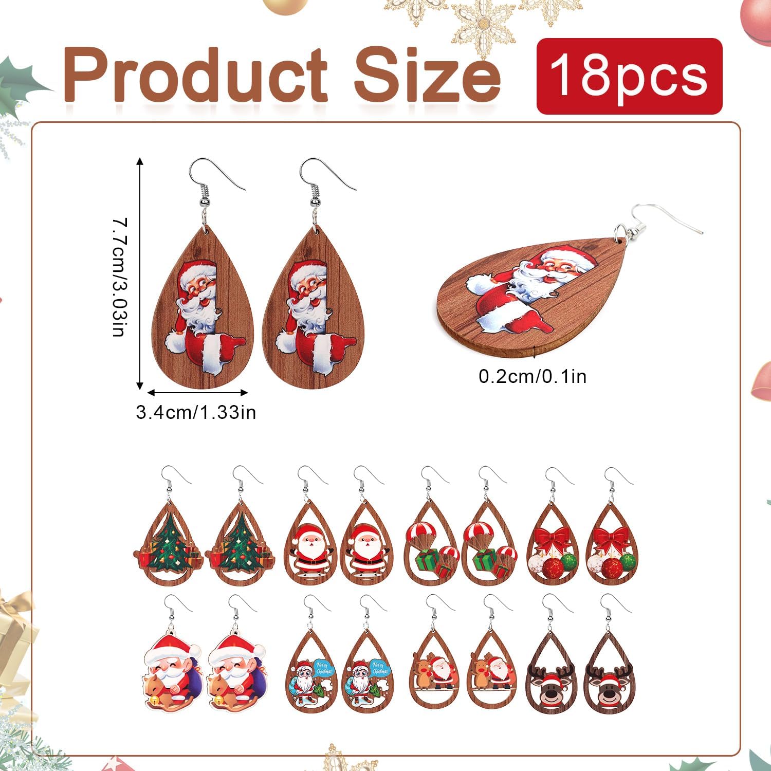 9 Pairs Christmas Earrings for Women, Xmas Drop Earrings Set Holiday Earring Christmas Tree Elk Santa Claus Bell Wooden Teardrop Dangle Earrings for Xmas Winter Holiday Jewelry Party Gift - 我的商店我的商店我的商店
